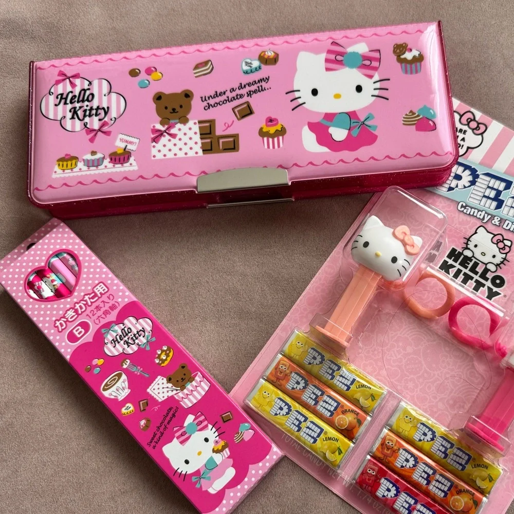 Hello Kitty pencil case and pencils from Japan 2010-2012 plus Pez dispenser new